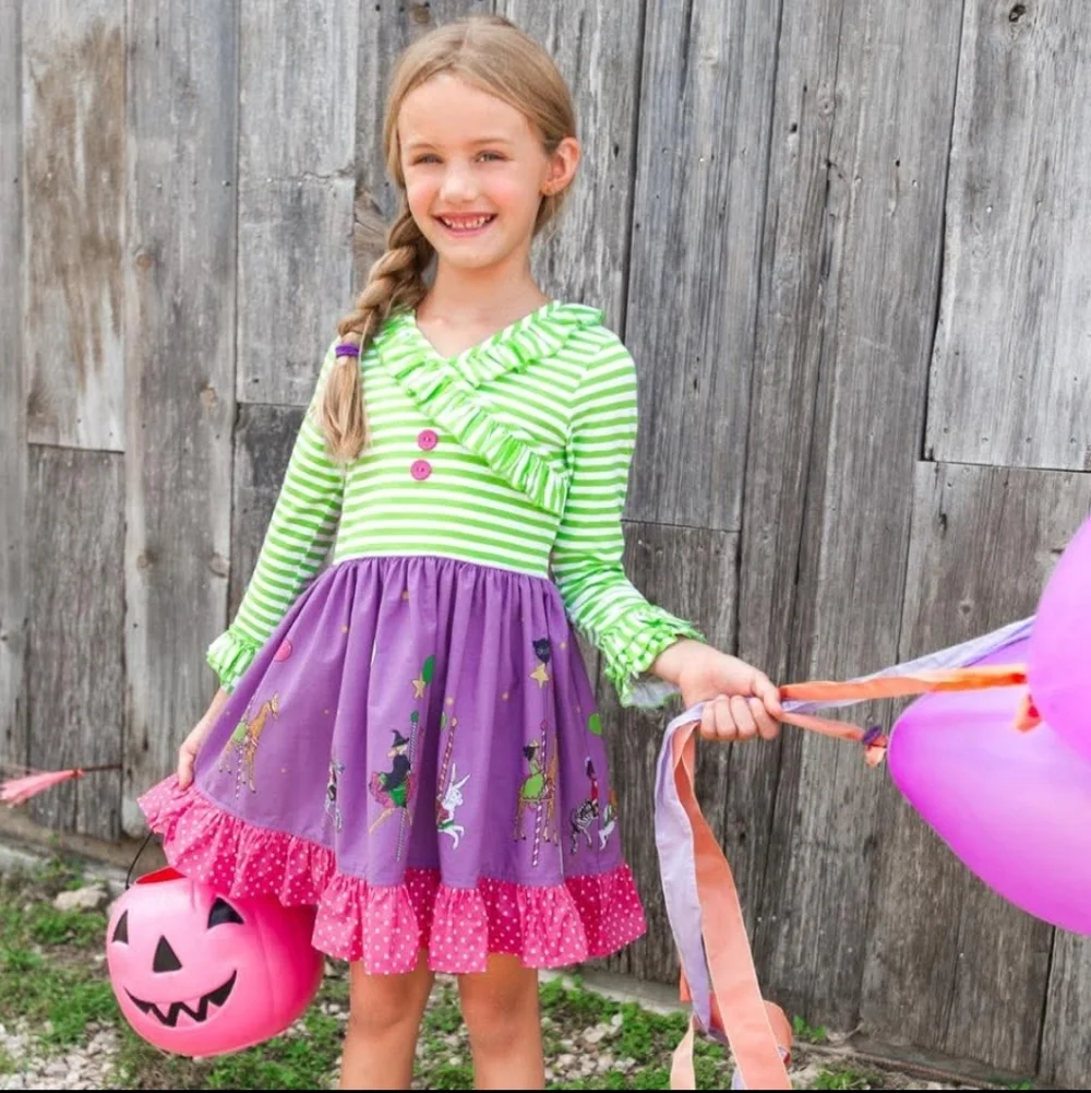 Eleanor Rose Girls Carousel Cotton Striped Ruffle Dress Purple Green Size 5/6